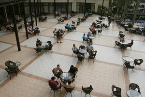 cafe, Canarias, casual, chair, day, elevated, furniture, group, Las Palmas, natural light, people, sitting, Spain, square, summer, table