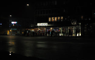 artificial lighting, cafe, Copenhagen , Denmark, eye level view, Kobenhavn, night, outdoor lighting, street