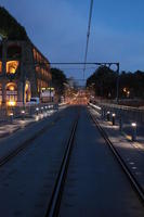 diffuse, diffused light, dusk, evening, eye level view, Porto, Porto, Portugal, spring, street, tramlines, urban