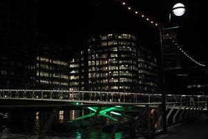 artificial lighting, bridge, bridge, building, city, city, city lights, cityscape, England, eye level view, London, night, office, railing, The United Kingdom, winter