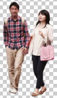 asian, casual, couple, cutout, cutout couples, cutout people, day, diffuse, diffused light, eye level view, front, summer, walking