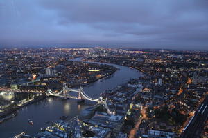 aerial view, artificial lighting, city, city lights, diffuse, diffused light, England, evening, London, river, The United Kingdom, Tower Bridge, urban, winter