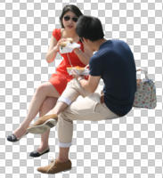 asian, casual, couple, cutout, cutout couples, cutout people, day, eating, eye level view, people, side, sitting, summer, sunny