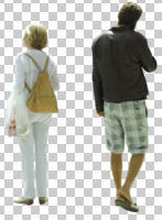 back, casual, caucasian, couple, cutout, cutout couples, cutout people, day, eye level view, standing, summer, sunny