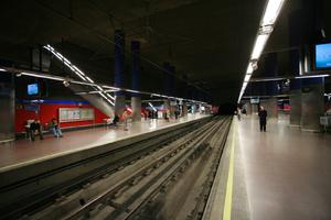 artificial lighting, eye level view, Madrid, platform, railway, Spain, station