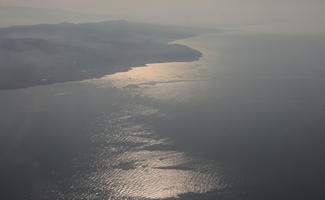 aerial view, backlight, bright, effect, glow, Italia , morning, natural light, overlay, reflected, seascape, sun glare, sunshine, Toscana, water, waterscape