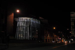 artificial lighting, building, city, city lights, England, eye level view, facade, Liverpool, night, office building, outdoor lighting, street, The United Kingdom, urban