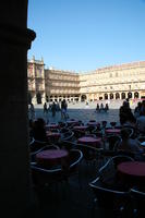 cafe, Castilla y Leon, day, eye level view, group, people, plaza, Salamanca, sitting, Spain, summer, sunlight, sunny, sunshine