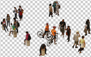 above, afternoon, bicycle, casual, cutout, cutout groups, cutout people, day, elevated, group, natural light, people, shady, standing, summer, sunlight, walking