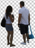 back, casual, caucasian, couple, cutout, cutout couples, cutout people, day, diffuse, diffused light, eye level view, standing, summer