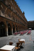 architecture, cafe, Castilla y Leon, chair, day, eye level view, facade, plaza, Salamanca, Spain, summer, sunlight, sunny, sunshine, table