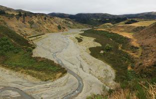 day, diffuse, diffused light, elevated, mountain, natural light, New Zealand, overcast, riverbed, summer