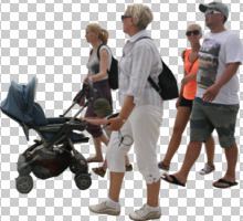 ambient light, casual, caucasian, cutout, cutout groups, cutout people, day, eye level view, family, group, pushchair, side, summer, walking