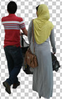 ambient light, arabic, back, casual, couple, cutout, cutout couples, cutout people, day, eye level view, walking