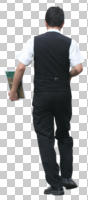 back, cutout, cutout men, cutout people, day, diffuse, diffused light, eye level view, male, man, summer, waiter, walking