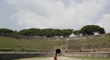 amphitheatre, Campania, Cumulonimbus, day, exhibition, exposition, eye level view, grass, Italia , Napoli, park, ruin, sky, steps, summer, tree canopy, treeline