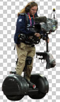 cameraman, casual, caucasian, cutout, cutout men, cutout people, day, diffuse, diffused light, eye level view, filming, male, man, segway, standing, summer, three-quarter