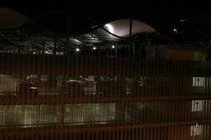 airport, artificial lighting, elevated, eye level view, louvres, Madrid, night, parking, Spain