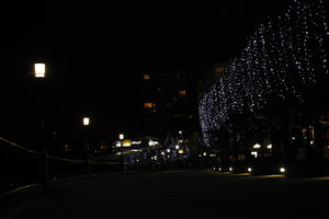 artificial lighting, city, city, city lights, cityscape, embankment, England, eye level view, London, night, pavement, promenade, sidewalk, street light, The United Kingdom, winter