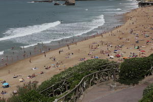 Aquitaine, beach, Biarritz, bush, day, elevated, France, people, seascape, spring, sunbathing, sunlight, sunny, sunshine