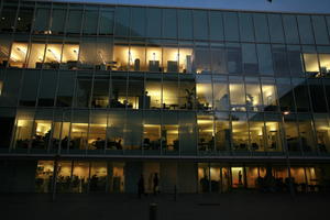 artificial lighting, autumn, England, evening, eye level view, facade, London, office, office building, The United Kingdom