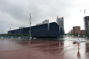 architecture, Barcelona, building, Cataluña, eye level view, facade, office, overcast, pavement, plaza, Spain, street