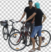 ambient light, bicycle, boy, casual, cutout, cutout men, cutout people, cycling, day, diffuse, diffused light, eye level view, male, NA, natural light, people, side, summer, talking, young people