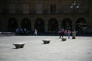 bench, Castilla y Leon, day, eye level view, object, plaza, Salamanca, Spain, summer, sunlight, sunny, sunshine