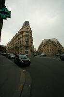 3-point perspective, architecture, building, car, day, eye level view, France, Ile-De-France, overcast, Paris, pavement, spring, street, transport