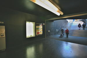 Alicante, artificial lighting, eye level view, floor, indoor lighting, interior, lamp, LED, sign, Spain, station, steps, Valenciana