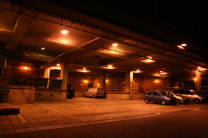 artificial lighting, car, car park, England, eye level view, Lincoln, night, outdoor lighting, parking, The United Kingdom