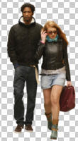 casual, couple, cutout, cutout couples, cutout people, day, diffuse, diffused light, eye level view, front, multiracial, spring, walking