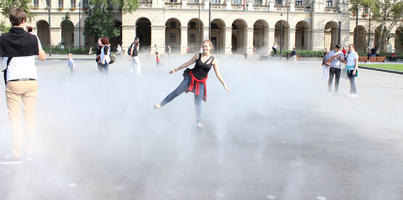 Budapest, day, eye level view, group, Hungary, pavement, people, smoke, square, standing, summer, sunny, walking