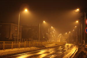 artificial lighting, eye level view, lamppost, night, Poland, road, snow, Wielkopolskie, winter