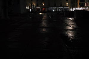 artificial lighting, city, Croatia, eye level view, night, pavement, pavement, paving, plaza, ruin, spring, wet, Zadar, Zadarska