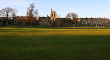 bright, dusk, England, eye level view, football pitch, grass, Oxford, park, The United Kingdom, winter