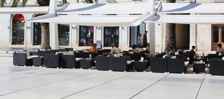 cafe, chair, Croatia, day, eye level view, furniture, pavement, Splitsko-Dalmatinska, summer, sunny, table