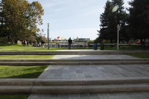 autumn, broad-leaf tree, broad-leaved tree, California, day, eye level view, grass, park, pavement, San Francisco, steps, sunny, The United States