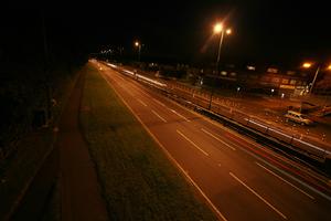 artificial lighting, elevated, England, evening, grass, London, road, The United Kingdom