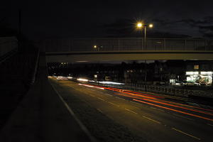 artificial lighting, car lights, city lights, elevated, England, evening, lamppost, London, night, outdoor lighting, road, The United Kingdom, urban, winter