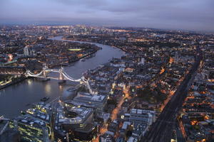 aerial view, artificial lighting, city, city lights, diffuse, diffused light, England, evening, London, river, The United Kingdom, Tower Bridge, urban, winter