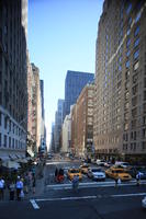 building, car, day, elevated, facade, Manhattan, New York, people, skyscraper, street, summer, sunny, taxi, The United States, walking