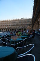 cafe, Castilla y Leon, chair, day, eye level view, group, object, people, plaza, Salamanca, sitting, Spain, summer, sunlight, sunny, sunshine, table