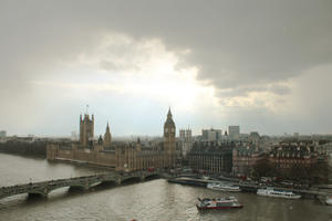 aerial view, Big Ben, bridge, city, day, England, London, Palace of Westminster, river, spring, sunny, The United Kingdom, urban