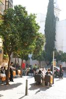 Andalucia, cafe, chair, day, eye level view, fruit, furniture, group, man, object, people, restaurant, Sevilla , Spain, square, tree, vegetation, waiter, woman