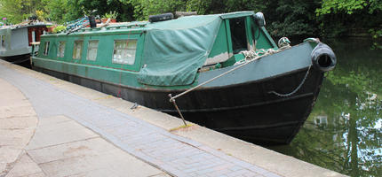 boat, canal, day, England, eye level view, London, path, spring, sunny, The United Kingdom