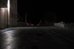 artificial lighting, building, city, Croatia, eye level view, night, pavement, pavement, paving, ruin, ruin, spring, street, wet, Zadar, Zadarska