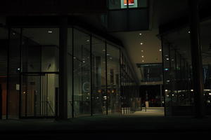 artificial lighting, building, England, eye level view, lobby, London, night, pavement, spring, The United Kingdom, urban