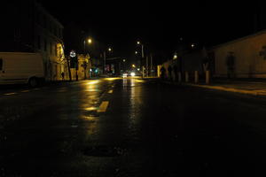 artificial lighting, city lights, eye level view, Kalisz, night, outdoor lighting, Poland, street, urban, wet, Wielkopolskie, winter