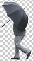 cutout, cutout men, cutout people, day, diffuse, diffused light, eye level view, male, man, side, summer, umbrella, walking